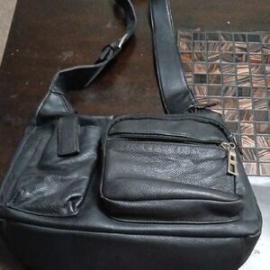 Black Leather Messenger Bag with Textured Finish
